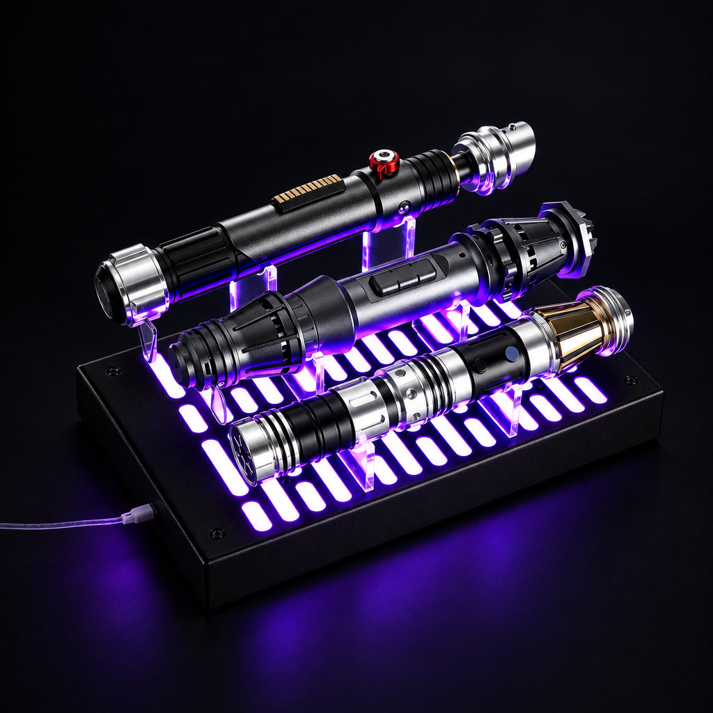Illuminated multi-hilt display stand with four saber hilts