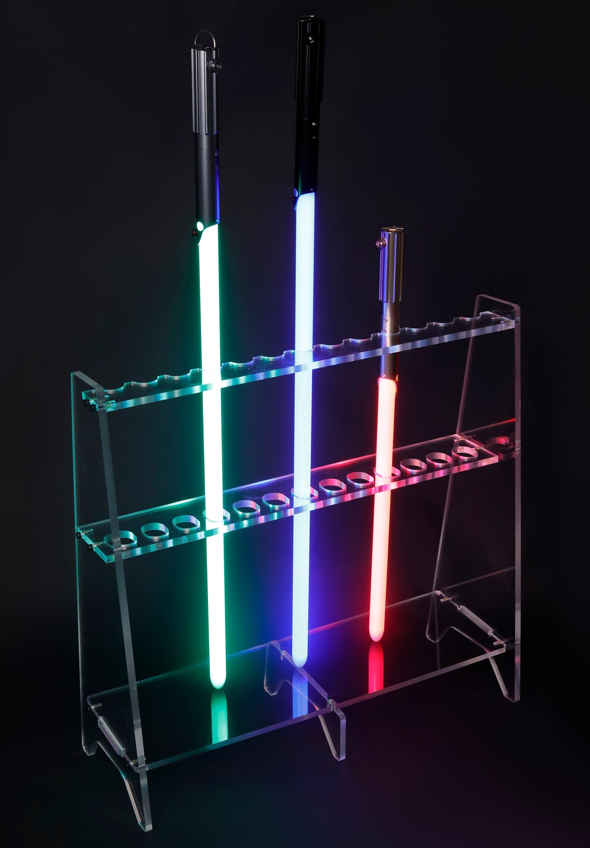 Clear multi-saber display rack with illuminated sabers